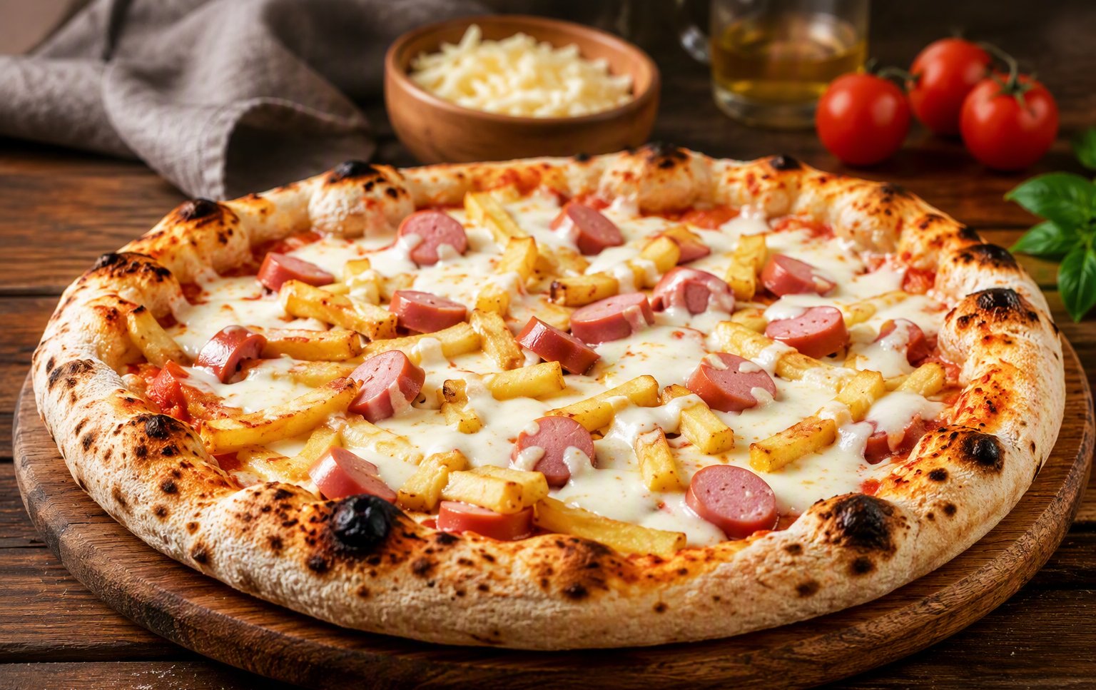 Pizza al taglio con salsiccia, patatine e mozzarella